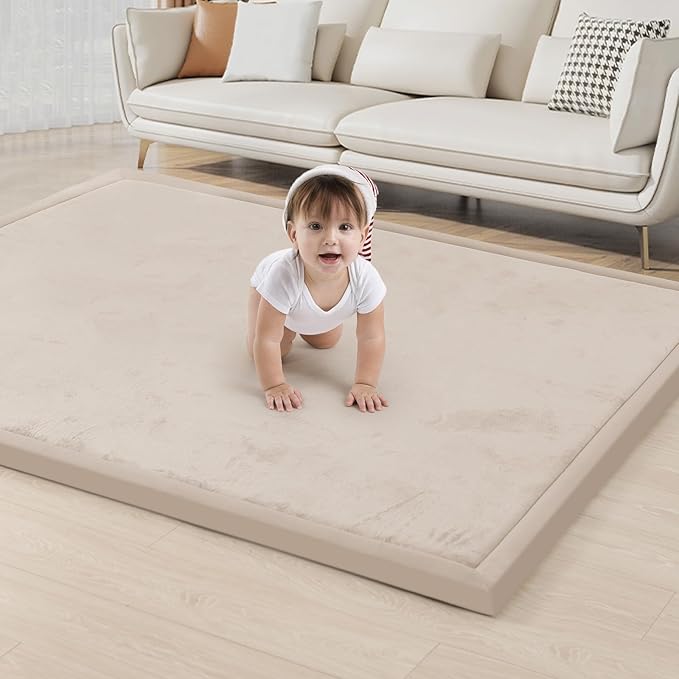 ACOMOPACK Baby Play Mat for Floor 1.3" Thick Memory Foam Play Mat 39"×59" Tummy Time Crawling with Non-slip Bottom for Living Room,Nursery,Soft Velvet Playpen Mats for Kids,Infants（Beige）