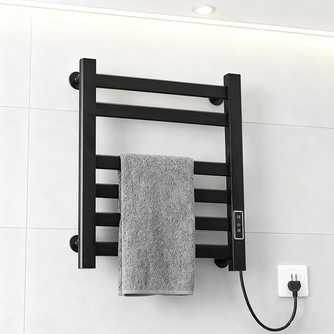 Verida Towel Warmer Rack, Heated Towel Rack for Bathroom, Wall-Mounted Plug (Not Hardwired), Aluminum Alloy, with Timer and Temperature Adjustment, Overheat Protection Function(Medium Black)
