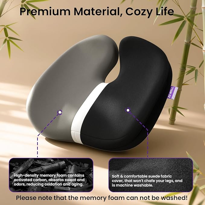 ZZ-WELL Seat Cushions for Office Chairs, Car Seat - Patented Coccyx Cushion for Tailbone Pain - Memory Foam Butt Cushion for Pressure Relief - Carry Handle & Non Slip Bottom (Black)