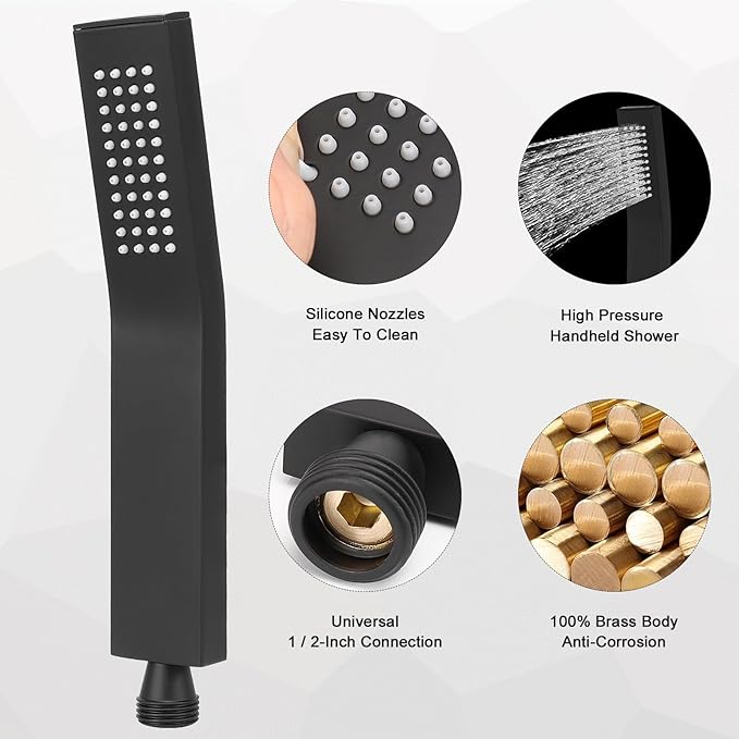 NearMoon Brass HandHeld Shower Head, Luxury High Pressure Shower Kit with Wall Connector and Hose Set, for Bathroom Showering System Contemporary Square Style (Matte Black)