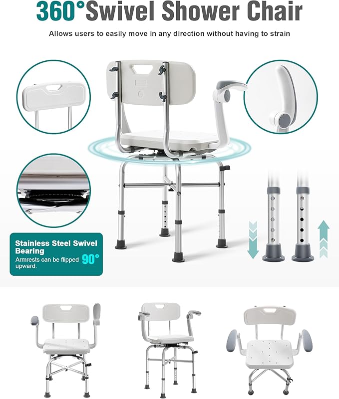 Lamberia Shower Chair for Inside Shower with Arms and Back, 500lbs Heavy Duty 360° Swivel Bathtub Seats, Height Adjustable Safety Bath Seat for Elderly, Adults, Handicap and Disabled(Adjustable Arms)
