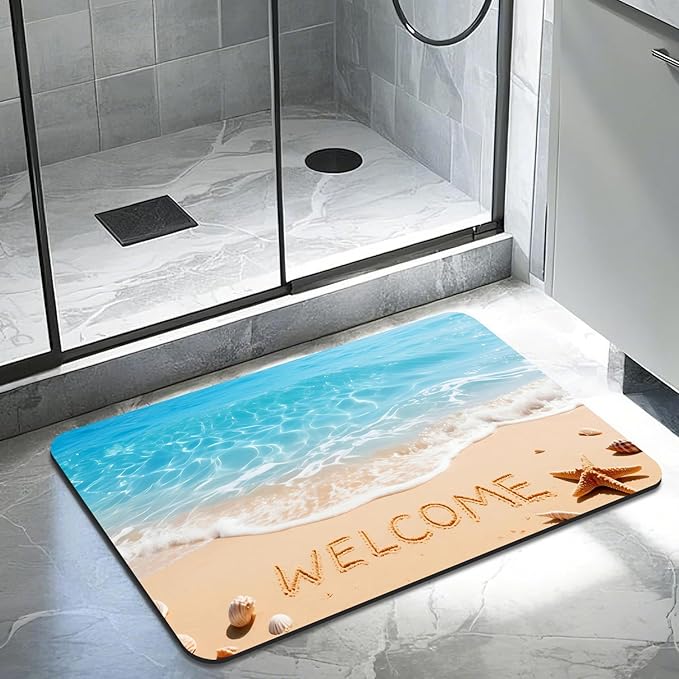 Quick Dry Bath Mat for Bathroom,Super Absorbent Beach Welcome Bath Rug Non-Slip Rubber Backing,Machine Washable Bathroom Floor Mat for Shower, Tub, Sink Area Ocean Blue 16x24
