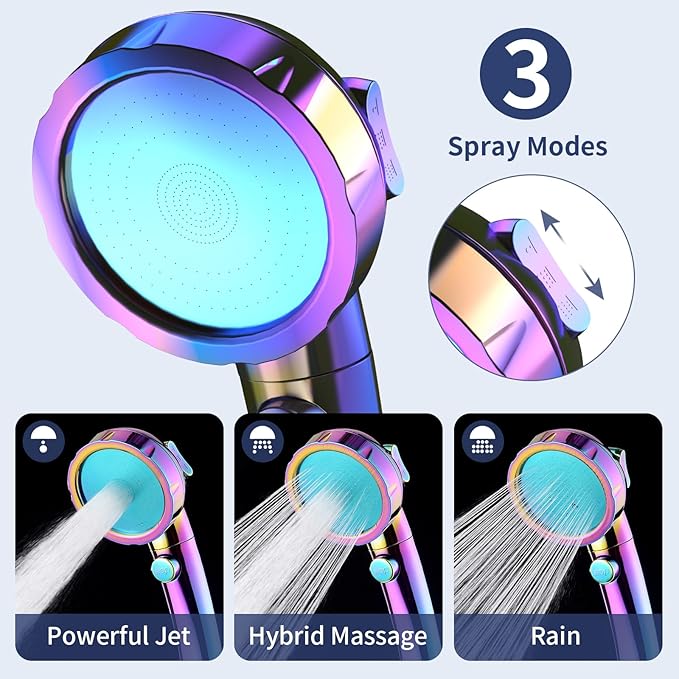HANLIAN High Pressure Shower Head with Pause Button, 3 Spray Modes Shower Head for RV Camper, Water Saving On Off Shower, Handheld Shower Head with Hose and Holder (Radiant Rainbow)