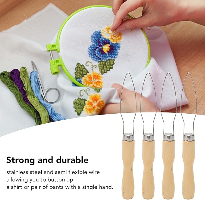ZJchao Button Hook for Seniors, Button Hook Tool 4Pcs Wooden Handle Stainless Steel Wire Semi Flexible Assist Tool with Comfort Grip Handle for Elderly