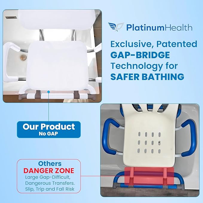 Platinum Health HydroSlide Sliding Shower Chair Swivel Seat for Bathtub, Soft, Padded with Industry-Exclusive, Patented Gap-Bridge Safety Feature. Padded Armrests. Ideal for Elderly and Seniors