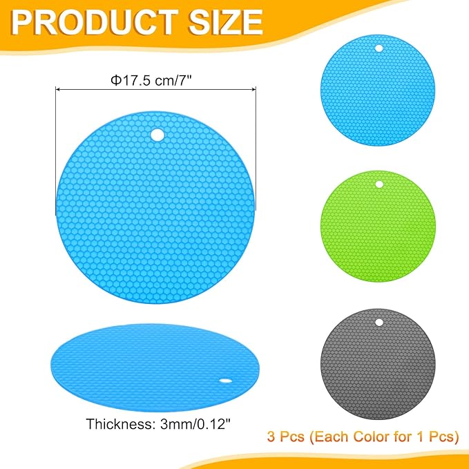 uxcell 3pcs Silicone Jar Opener Pads, 17.5cm/7" Texture Can Opener Multipurpose Round Bottle Lid Opener Non-Slip Coasters for Weak Hands Seniors Children, Green, Blue, Gray