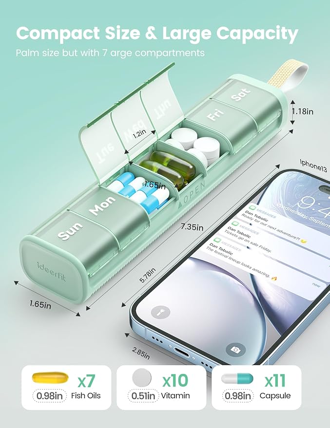 Weekly Pill Organizer, 7 Day Pill Box with Moisture-Proof Desiccant Chamber, Compact Daily Medicine Pill Case, Easy Open, Portable Handle for Vitamins & Supplements