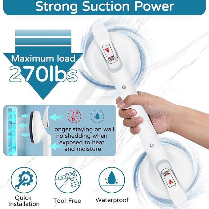 Suction Grab Bar for Shower Bathtub, Heavy Duty Shower Handle with Strong Suction Cup for Bathroom Wall, Max 269lbs Safety Handrails Non-Slip Grip for Seniors Elderly Disabled Handicap, 17 Inch White