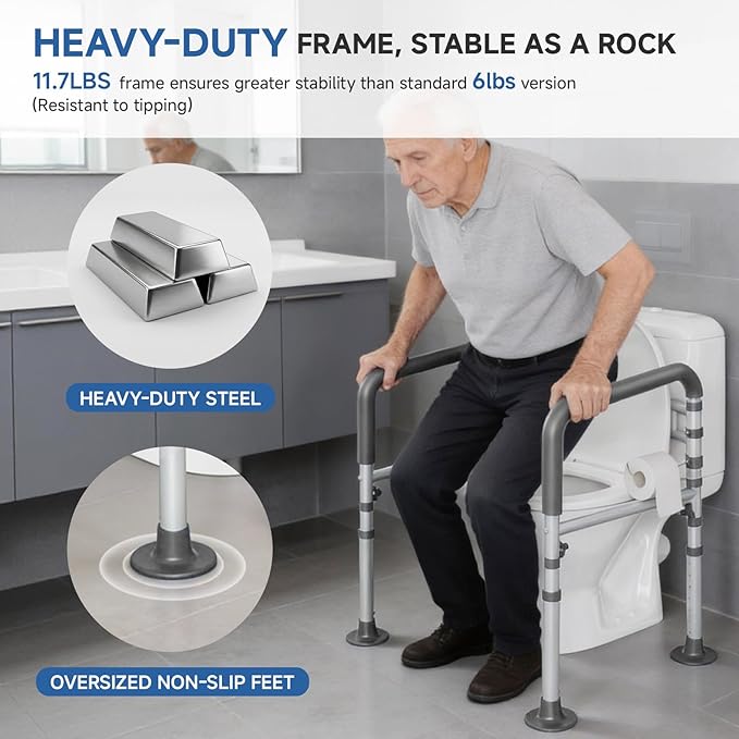 Loyoda Steel Toilet Safety Rail for Seniors- Heavy-Duty 11.7lbs for Stability & Support, Adjustable and Foldable Toilet handrail for Elderly and Disabled （Gray）