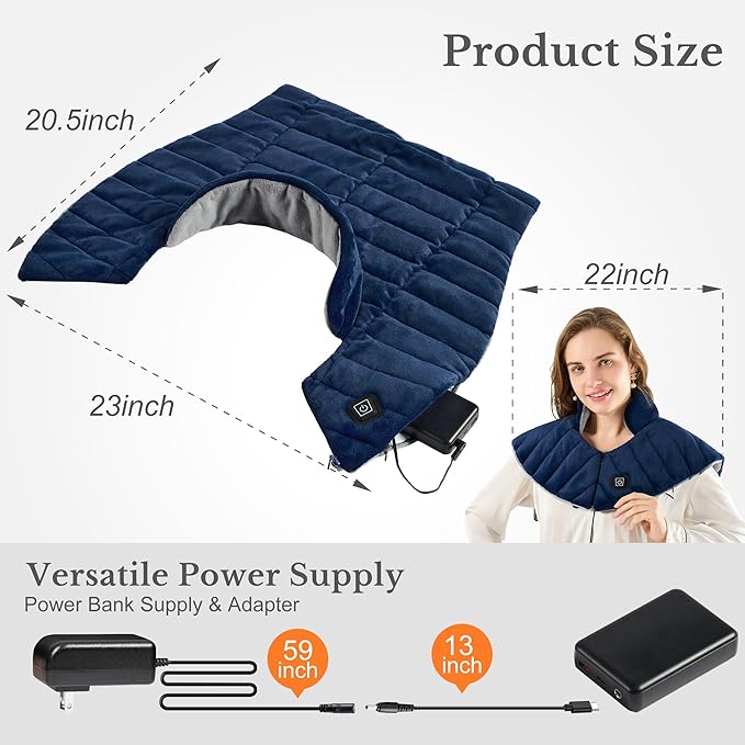 Portable Cordless Heating Pad for Neck, Shoulders & Back - Rechargeable Battery Operated Heating Pad with 3 Heat Settings, Birthday Gift for Women, Weighted Neck Warmer for Pain Relief (Navy Blue)