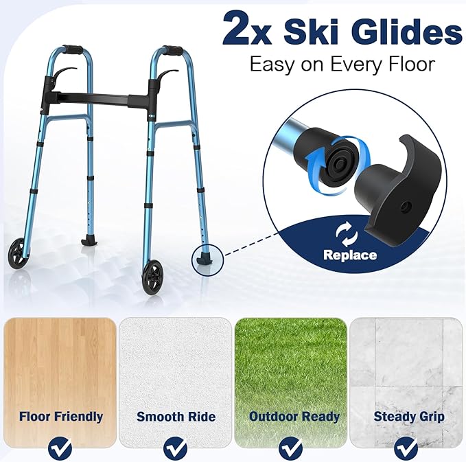 Walkers for Seniors, Folding Walker with Wheels and 2 Skis, Lightweight Rolling Walker Supports Up to 350 Pounds, Adjustable Height, Adult Compact Standard Walkers with Aluminum Frame, Blue