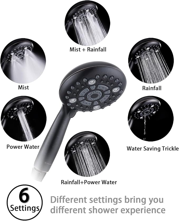 G-Promise Handheld Shower Head High Pressure 6 Spray Settings, Detachable Hand Held Showerhead 4.9 Inch Face with Extra Long Flexible Hose and Metal Adjustable Bracket