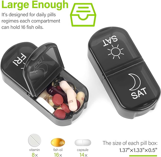 Weekly Pill Organizer 2 Times a Day, Portable Travel 7 Day Morning and Night Pill Box, Black Daily Am Pm Pill Case for Medication, Vitamins, Fish Oils, Supplements