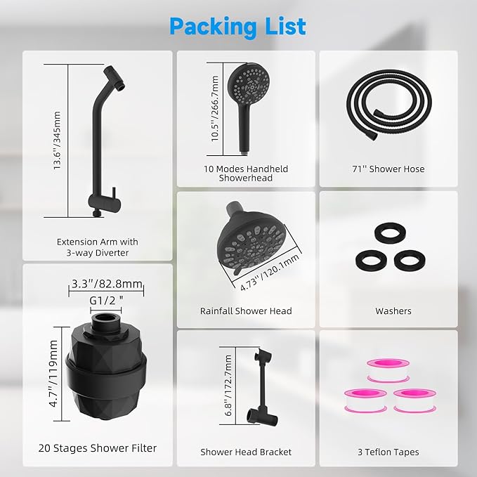 Filtered Shower Heads, All Metal Dual Shower Head with Easy Reach Handheld Spary Combo, 3-Way High Pressure 70 Modes Rainfall Showerhead, 71" Hose, Shower Bracket, 20 Stage Shower Filter, Matte Black