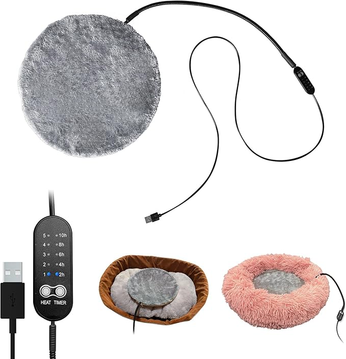 USB Pet Heating Pad with Washable Cover, 5-Temp & Timer – Turn Any Bed Heated, 140°F Auto Shut-Off, 5V Safe Warmer for Cats & Dogs Indoor/Outdoor, Power Bank/Wall/Car Powered (12"x12")