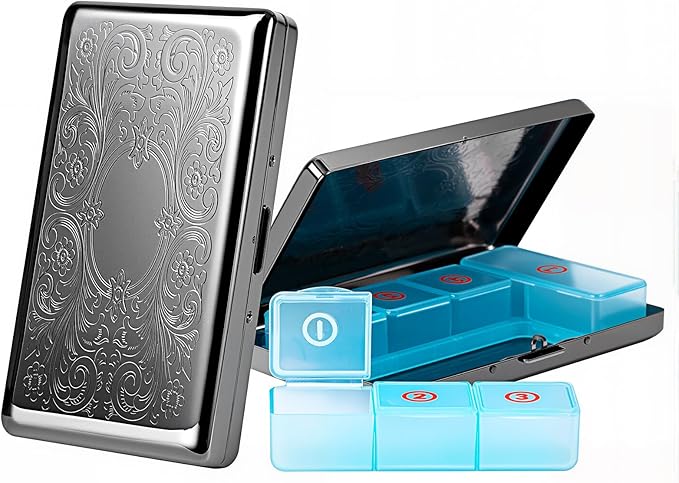 Pill Organizer with 3 Compartments 7 Day Metal Pill Box for Fish Oil/Food Supplements Travel Pill Box. (Rectangle-Black, Large Rectangle)