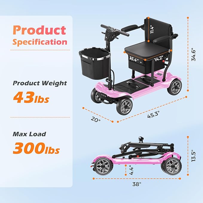 Lightweight Mobility Scooter for Adults & Seniors - Cruise & Airport Approved, 43lb Foldable Portable Motorized Scooters with Dual Lithium Batteries for 24.8 Miles Travel, 300lb Capacity, Pink