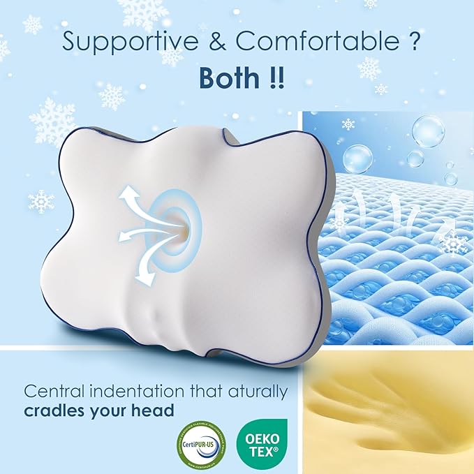 The Original Patented Cervical Neck Pillow for Pain Relief, Ergonomic Neck Support Pillow with 3D Ice-Silk Mesh Cover and Oeko-TEX Memory Foam, Orthopedic Pillow for Back Stomach Sleepers (White)