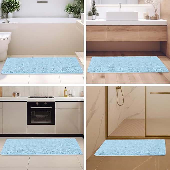 Light Blue Bathroom Rugs – Absorbent and Washable Bath Mat, Non-Slip, Thick Soft Chenille Bath Rugs for Bathroom Floor, Shower, Sink - 26" x 44"