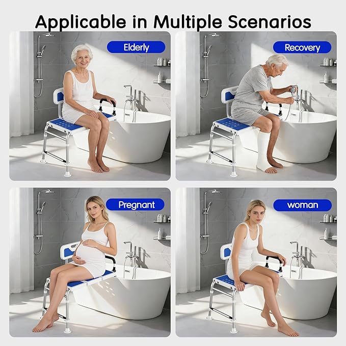 Bathtub Transfer Bench Shower Chair for Inside Tub Heavy-Duty Adjustable Width & Height Handicap Bath Chair with Extended Shower Seat and Reversible Backrest for Seniors, Elderly & Disabled