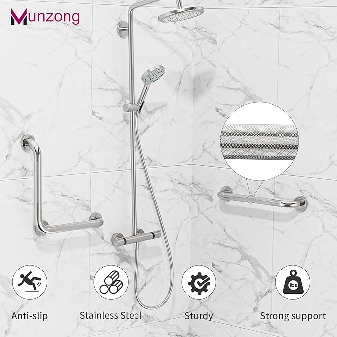16 Inch Angled Bathroom Grab Bars with 20 Inch Straight Munzong Brushed Nickel Toilet Handicap Grab Rail for Showers,Anti Slip Stainless Steel Knurled Safety Handle Support Elderly Injury Senior