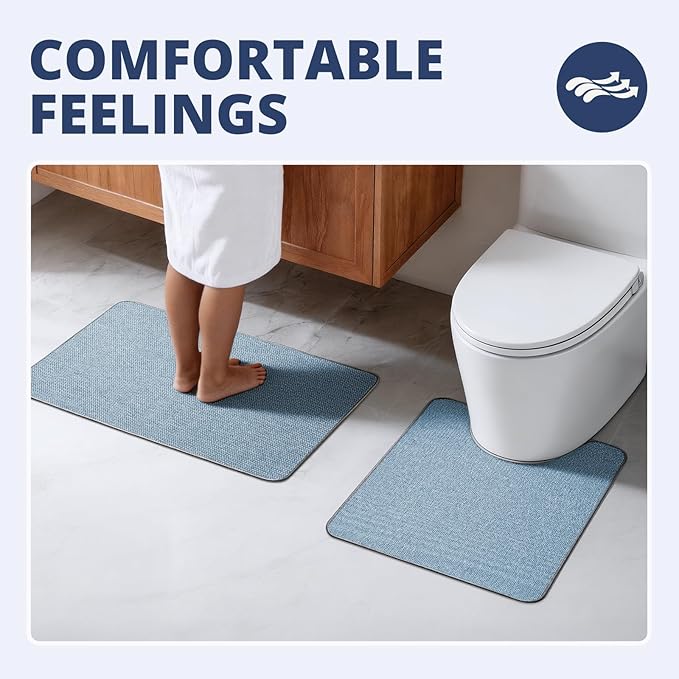 Bathroom Rugs Sets 2 Piece, Thin Bath Mat & U-Shaped Contour Toilet Rug Absorbent Quick Dry, Machine Washable, Non Slip Low Pile Bath Mats for Bathroom/Tub/Sink/Shower (30"x20" Plus 24"x20" U, Blue)