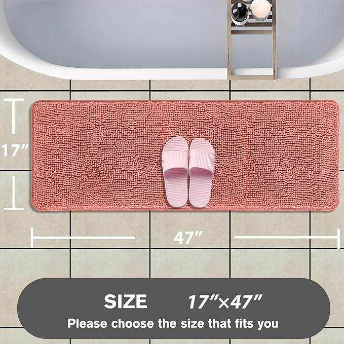 Bathroom Runner Rug 47 x 17 Inch – Long Bath Mat | Absorbent and Washable Thick Chenille Bath Rug Non-Slip Runner Rug for Bathroom, Shower, Sink(Coral)