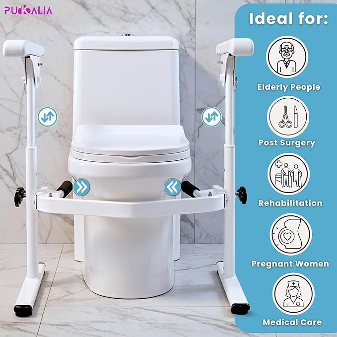 Toilet Safety Rails for Seniors - Adjustable Toilet Seat Riser with Handles, 397 lbs Heavy Duty Medical Stand Assist Frame, Handicap Bathroom Safety Rails Fits Most Toilets, Tool-Free Assembly, White