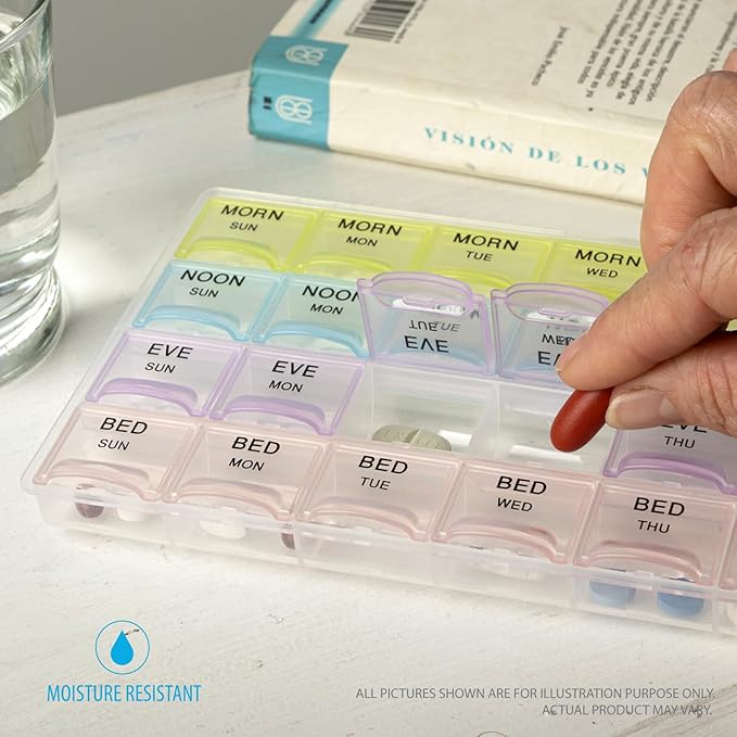 Deke Home - Pill Organizer 4 Times a Day, Weekly Medicine Box with Morning, Noon, Evening, Bed Compartments, Large, Translucent, Easy-to-Open Pill Case, 7-Day Travel Medication Organizer for Vitamins.