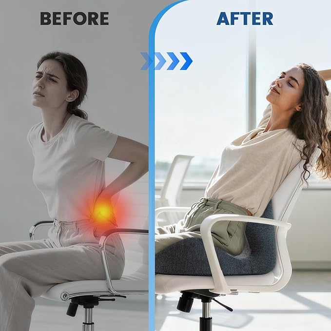 Seat Cushion - Memory Foam Cushion for Office Chair, Lumbar Support Pillow One Piece, for Sciatica & Tailbone Pressure Relief Coccyx Pad for Long Sitting Office Chair, Wheelchair, Home, Office