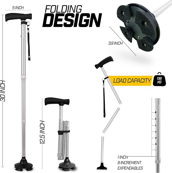 ZELECKS Walking Cane for Women & Men - Self Standing Adjustable Folding Cane with T Handle and 360 Pivot Base - Lightweight Foldable Walking Stick for Seniors - Collapsible Cane for Walking