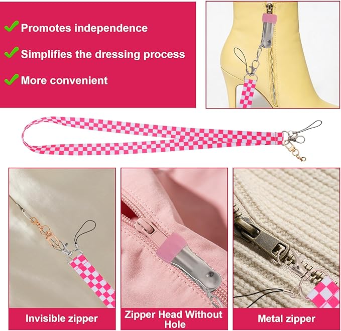2pcs Back Zipper Pull Helper with Hooks, Single-Hand Zipper Assistant for Tight Dresses Boots Shoes Skirts Bags, Convenient Zip Puller Aid Tool for Alone Women Seniors Travelers & Long Nails (Pink)