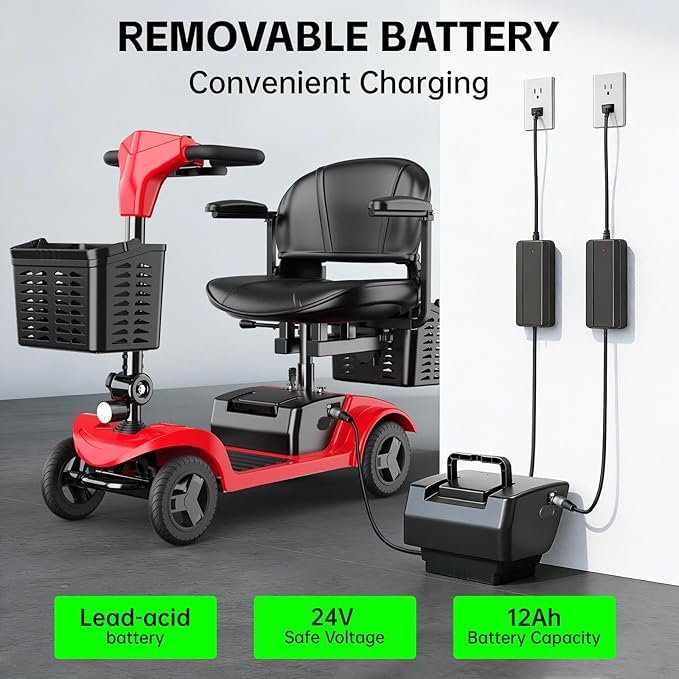 Mobility Scooter for Seniors,Motorized Scooter,Electric Scooter for Adults 300 lbs,Detachable Battery,Dual Baskets and Rear Tail Lights(Red)