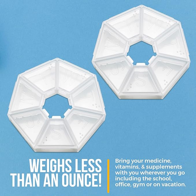 MEDca Weekly Pill Organizer Clear 7-Sided Pill Reminder, Round Shaped, Pack of 4