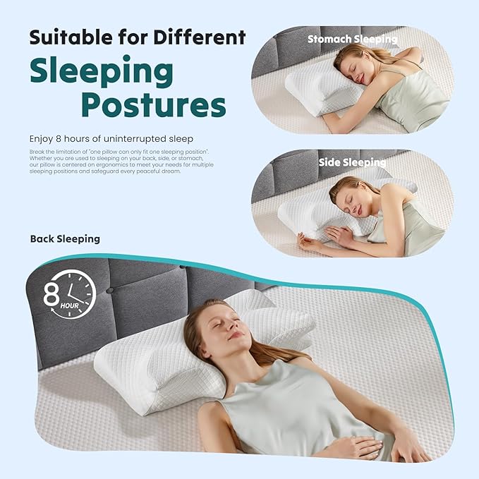 DUMOS Cervical Neck Pillow for Sleeping, Cooling Ergonomic Memory Foam Pillow with Arm Rest Slot and Ice Silk Pillowcase, Dual Height Orthopedic Support Contour for Side, Back, Stomach Sleepers
