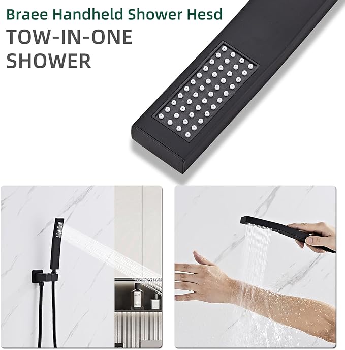 Bathroom Square Matte Black Solid Brass Hand Held Shower Head With Wall Connector and Hose System Wall Mount Handheld Showerheads Set