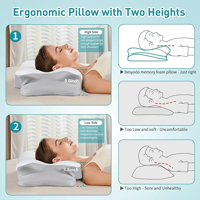 Besyodo Cervical Neck Pillow for Neck Pain Relief, Ergonomic Pillow for Sleeping Contour Memory Foam Pillows with Cooling Pillowcase, Bed Pillow for Side Back Stomach Sleepers