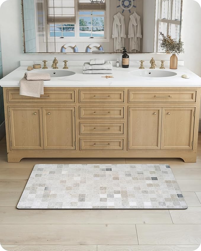 LUMI Ultra Thin Bath Mat, Super Absorbent Quick Dry Bathroom Rugs, Non-Slip Bathroom Mats, Marble Bathmats Fit Under Door, Bathtub, Sink, Shower Room, 24"x44", Beige Checkered