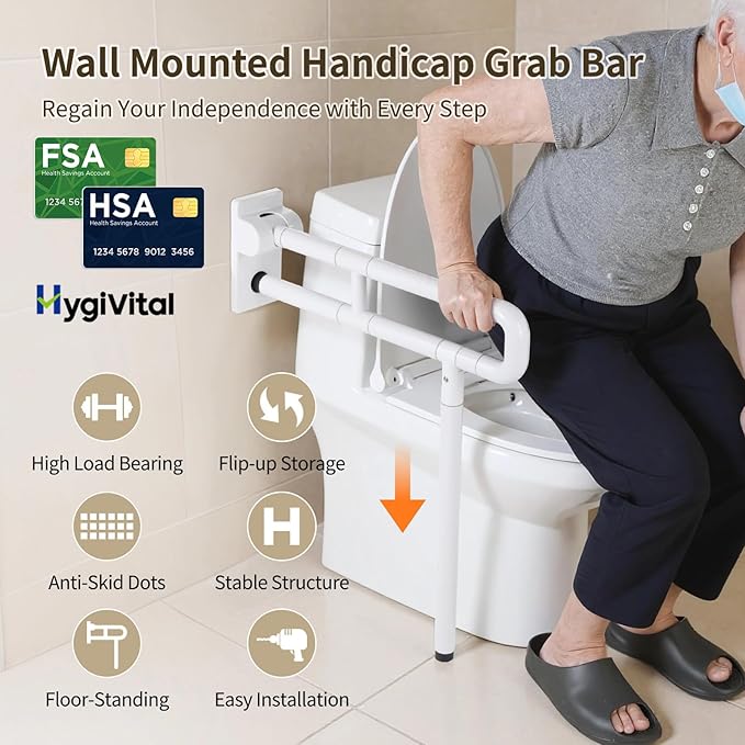 Toilet Safety Rail – Non-Slip Bathroom Grab Bar for Elderly, Disabled & Seniors – Stainless Steel Support Handrail with Non-Slip Grip & Support Leg（White）