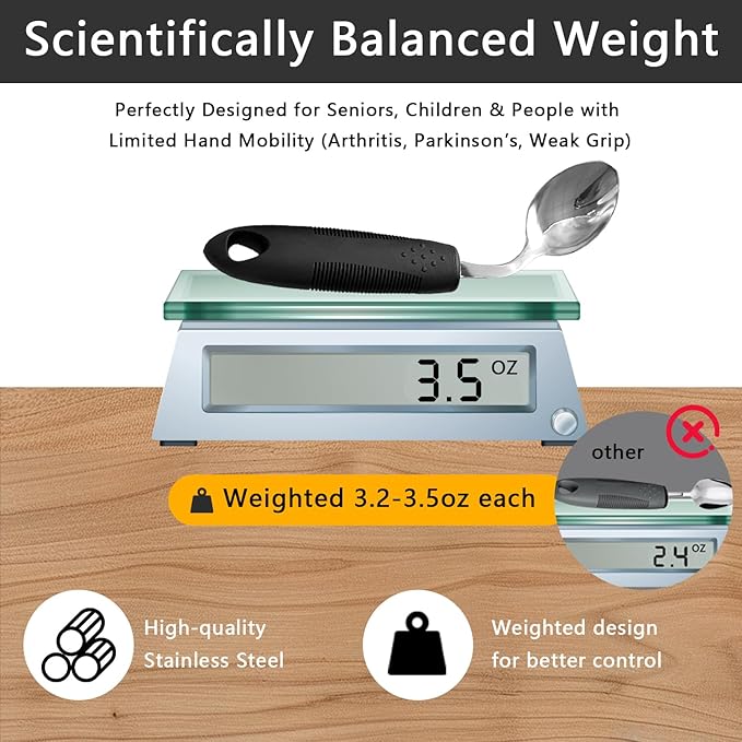 4Pcs Weighted Adaptive Utensils, 45°Angled Built up Utensils Set for Hand Tremors, 3.5oz Parkinsons Utensils for Elderly, Weighted Spoon Hand Tremors, Parkinson & Disabled Care Gift Pick (Left-Handed)