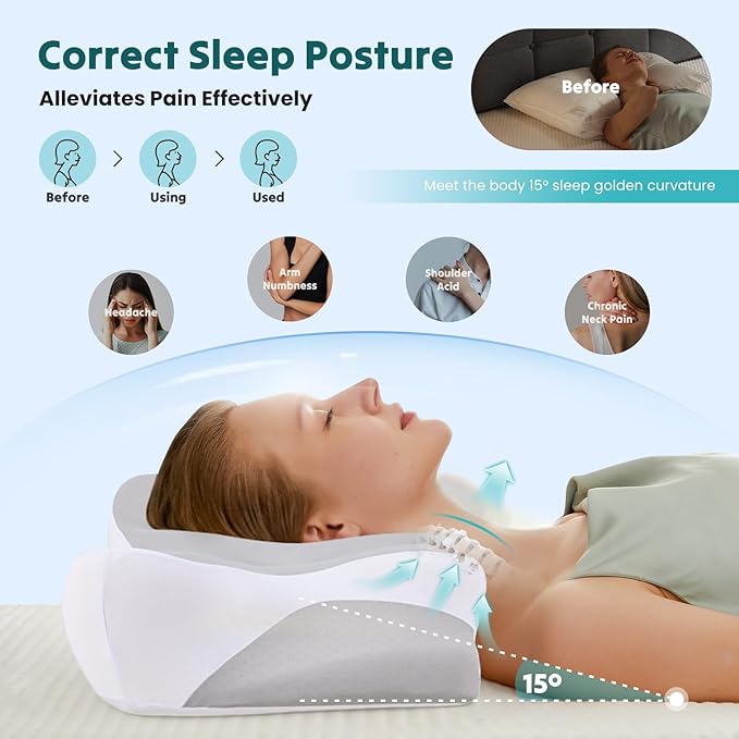 DUMOS Cervical Neck Pillow for Sleeping, Cooling Ergonomic Memory Foam Pillow with Arm Rest Slot and Ice Silk Pillowcase, Dual Height Orthopedic Support Contour for Side, Back, Stomach Sleepers