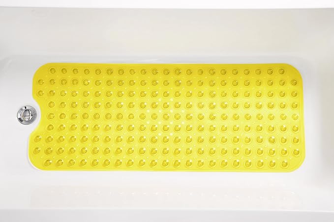 Extra-Long Non-Slip Bathtub & Shower Mat 39”x16” (Smooth/Non-Textured Tubs Only) Safe, Clean, Machine-Washable, Superior Grip&Drainage, Vinyl, Transparent Light Yellow