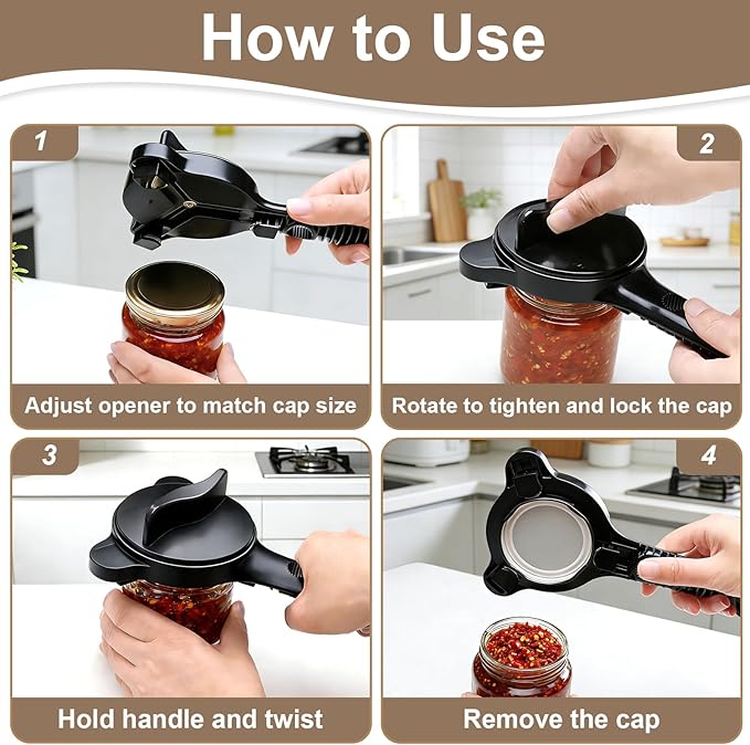 Multi-Functional 4-in-1 Jar Opener, Adjustable Stainless Steel Bottle Opener for Multi Size Jar Bottles with Ergonomic Non-Slip Handle Grip, Kitchen Helper for Seniors Weak Hands Arthritis