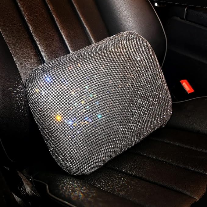 Carwales Lumbar Support Pillow Summer Decorative for Car Soft Bling Accessories Sparkly Diamond Rhinestone for Women Girls, Universal Office Chair Lower Back Cushion Rubber Black