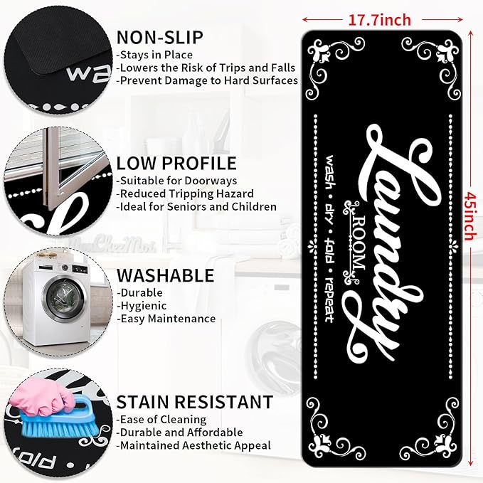 XLHOMO Non-Slip Laundry Room Rug, 17.7"x45" Black Laundry Mat, Washable Farmhouse Runner for Laundry Room, Kitchen, Bathroom & Entryway