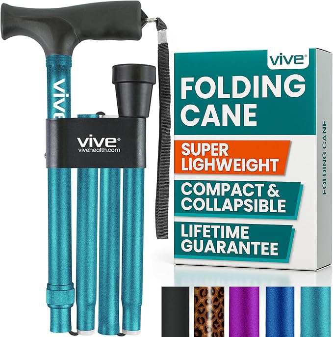 Vive Folding Cane - Foldable Walking Cane for Men, Women - Fold-up, Collapsible, Lightweight, Adjustable, Portable Hand Walking Stick - Balancing Mobility Aid - Sleek, Comfortable