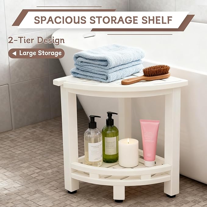 KALUMOON Corner Shower Stool, HDPE Waterproof Shower Bench for Inside Shower, Small Shower Chair Seat for Shaving Legs with Storage Shelf, Shower Head Holder, Adjustable Feet (White)