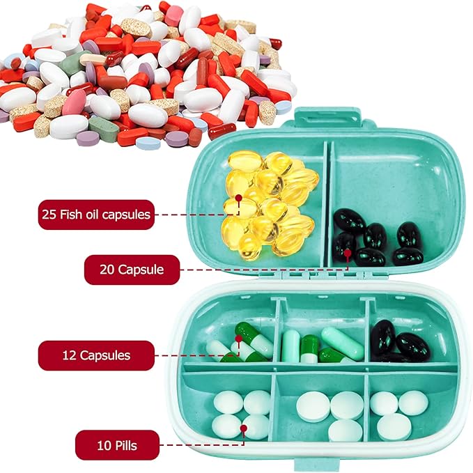 1Pack Travel Pill Organizer, 8 Compartments Portable Pill Case, Small Pill Box for Pocket Purse Portable Medicine Vitamin Container Blue