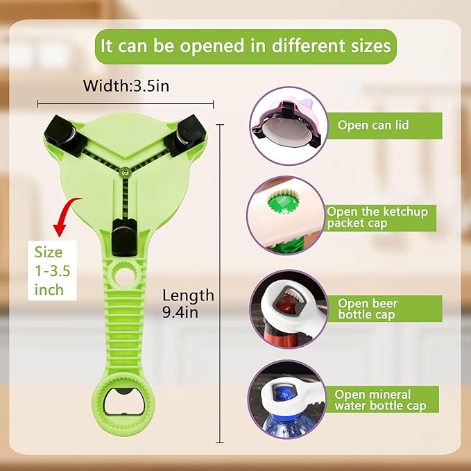 4-In-1 Jar Opener, Adjustable Stainless Steel Ergonomic Jar Opener Tool For Seniors, Bottle And Jar Openers For Arthritic Hands, Can Openers For Beer, Sauces, And Canned Goods (Green)