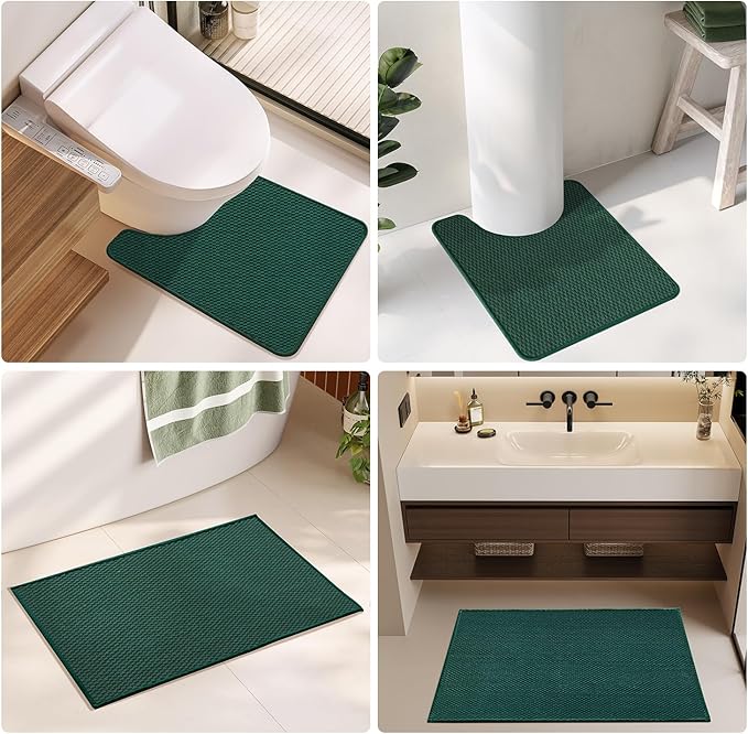 TYUU Bathroom Runner Rugs, Long Bath Mat Runner Washable Thin Quick Dry Low Pile Bathroom Runner Rugs Non Slip, Dark Green 16"x60"